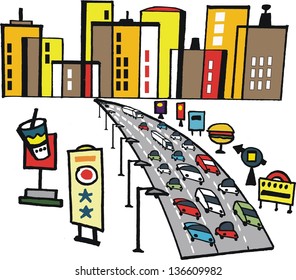 Vector cartoon of traffic on city freeway.