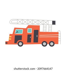 Vector cartoon transport fire truck hand drawn naive art