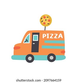 Vector cartoon transport pizza machine hand drawn naive art