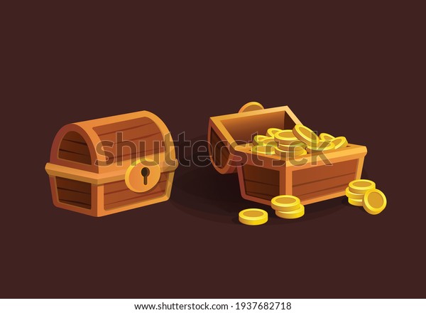 vector cartoon treasure chest with golden coins,\
open and closed antique box\
