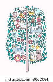 Vector cartoon tree with cute elements. Hand drawn doodle illustration. Cats, owls, bird, flowers, clouds, stars, birdhouses. Light colors.