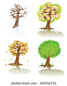 a vector cartoon tree in four seasons