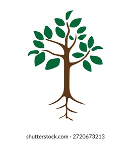 Árbol de dibujos animados de Vector con hojas verdes y tronco marrón.