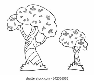 Vector cartoon trees in black outline. Vector illustration for kids