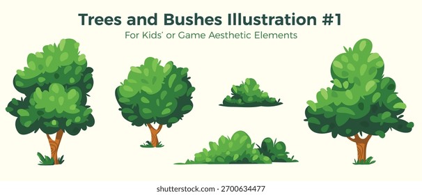 Conjunto de Coleção de Ilustração de Árvores e Arbustos de Desenho Animado Vetor para Crianças Livro ou Jogos