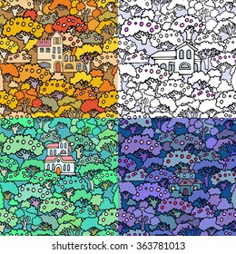 Vector cartoon trees and shrubs seamless pattern background with floral elements.