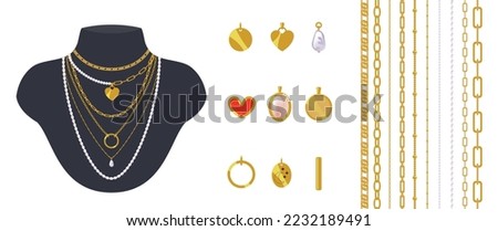 Vector cartoon trendy necklaces set. Golden pendants collection isolated on white. Metal and pearl chains brushes. Mannequin bust with layered minimalistic jewelry.  Foto d'archivio © 