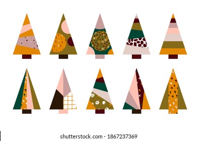 Vector cartoon triangular Christmas tree set. Hand drawn fir trees isolated on white background. Festive boho color Ornament Scandinavian tree symbol of Happy New Year, Merry Christmas, holiday party