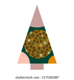 Vector cartoon triangular Christmas tree. Geometric fir tree isolated on white background. Festive boho color ring Ornament. Scandinavian tree. Symbol of Happy New Year, Merry Christmas, holiday party