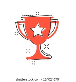 Vector cartoon trophy cup icon in comic style. Winner sign illustration pictogram. Award prize business splash effect concept.
