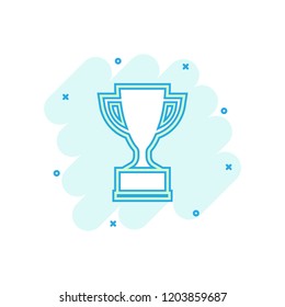 Vector cartoon trophy cup icon in comic style. Winner sign illustration pictogram. Award prize business splash effect concept.