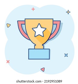 Vector cartoon trophy cup icon in comic style. Winner sign illustration pictogram. Award prize business splash effect concept.