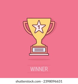 Vector cartoon trophy cup icon in comic style. Winner sign illustration pictogram. Award prize business splash effect concept.