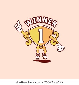 Vector cartoon trophy illustration design. Tournament winner character. 1st place.