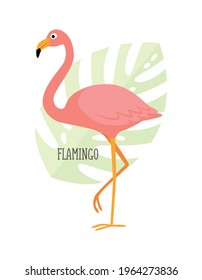Vector cartoon tropical bird isolated on white background, flamingo. Bird sticker. Flat illustration.