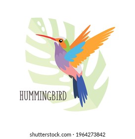 Vector cartoon tropical bird isolated on white background, hummingbird. Bird sticker. Flat illustration