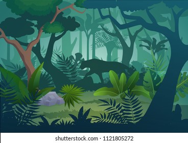 Vector Cartoon Tropical Jungle Rainforest Background With Walking Jaguar Tiger.