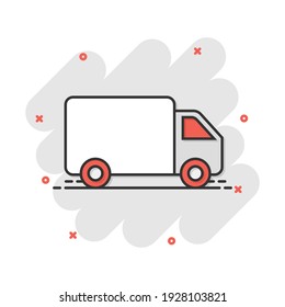 Vector cartoon truck, car icon in comic style. Fast delivery service shipping sign illustration pictogram. Car van business splash effect concept.