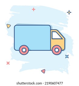 Vector cartoon truck, car icon in comic style. Fast delivery service shipping sign illustration pictogram. Car van business splash effect concept.