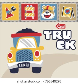 vector cartoon of truck with construction signs and funny bear face