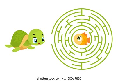 Vector cartoon turtle and fish in children's style. Vector illustrations for children books. Labyrinth. Educational game for children. 