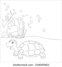 vector cartoon of turtle and friends underwater, coloring book, line art