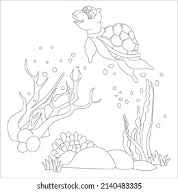vector cartoon of turtle and friends underwater, coloring book, line art