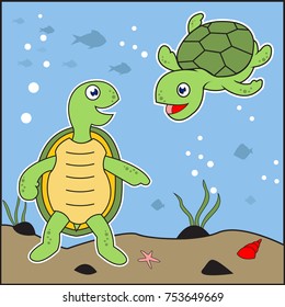 vector cartoon of turtle and friends underwater