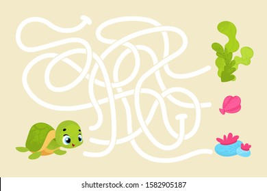 Vector cartoon turtle. Vector illustrations for children books. Labyrinth. Educational game for children. 