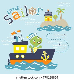 Vector cartoon of turtle the sailor on boat, sailing to small island