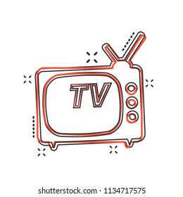 Vector cartoon Tv icon in comic style. Television sign illustration pictogram. Tv business splash effect concept.