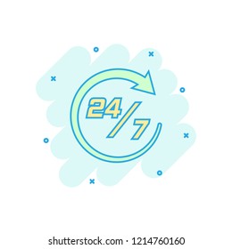 Vector cartoon twenty four hour clock icon in comic style. 24/7 service time concept illustration pictogram. Around the clock business splash effect concept.