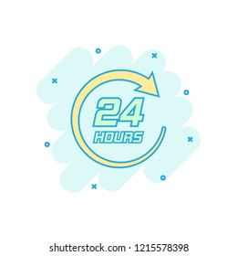 Vector cartoon twenty four hour clock icon in comic style. 24/7 service time concept illustration pictogram. Around the clock business splash effect concept.