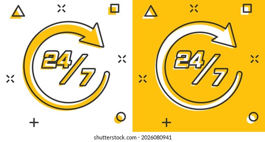 Vector cartoon twenty four hour clock icon in comic style. 247 service time concept illustration pictogram. Around the clock business splash effect concept.