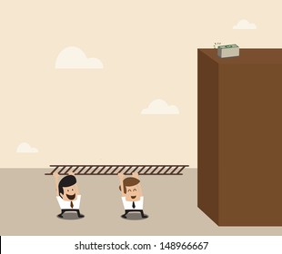 Vector cartoon of Two businessman carry ladder to go to the top of building