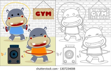 Vector cartoon of two funny hippo exercising in gym, coloring book or page