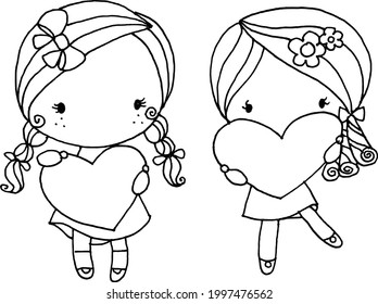 caricatura vectorial dos niñas sostienen formas cardíacas amor