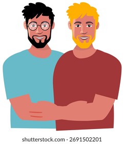 Vektorkarikatur von zwei glücklichen Männern, die liebevoll umarmen