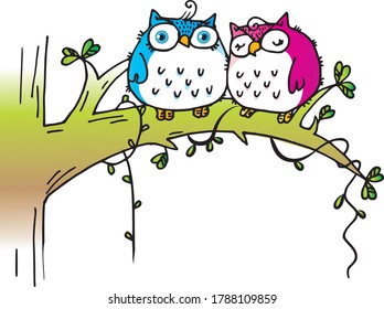 vector cartoon two owls on the tree