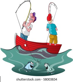 Vector cartoon of two tangled up fishermen.