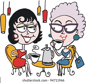 Vector Cartoon Of Two Women Drinking Coffee