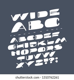 Vector cartoon type font on dark background. Wide Latin slanted letters. English capital ABC.