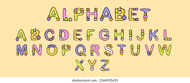 Vector cartoon typeface, multicolored kids vector ABC, letters. Uppercase lowercase cute childish signs. Nursery bright alphabet vector illustration symbols set. Alphabet design in a colorful style.