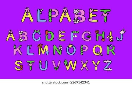 Tipo de dibujo vectorial, niños multicolor vector ABC, letras. Pancartas infantiles lindas en minúsculas en mayúscula. Nursery brillantes símbolos de ilustración de vector del alfabeto conjunto. El diseño de los alfabetos es colorido.