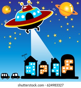 vector cartoon of UFO attack city