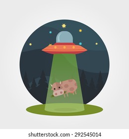 Vector Cartoon UFO: Cow Abduction