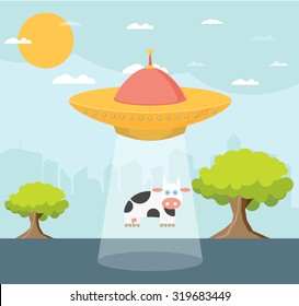 Vector Cartoon UFO: Cow Abduction