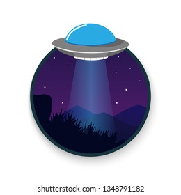 Vector cartoon UFO flying with light beam in night sky.