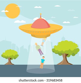 Vector Cartoon UFO: People Abduction