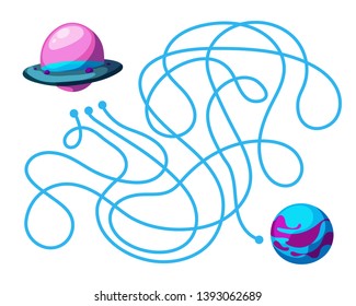 Vector cartoon ufo and planet in children's style. Vector illustrations for children books. Labyrinth. Educational game for children. 